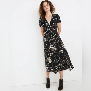 Madewell Puff-Sleeve Wrap-Front Midi Dress in Polka Daisies